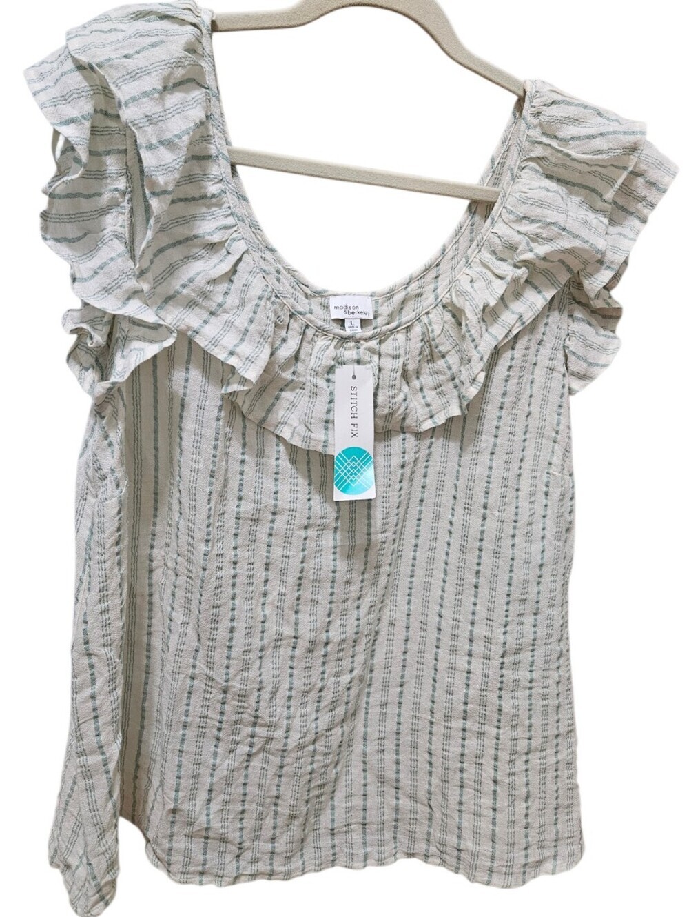 Madison & Berkeley Cream Lisa Ruffle Detail Striped Linen Blend Blouse NEW